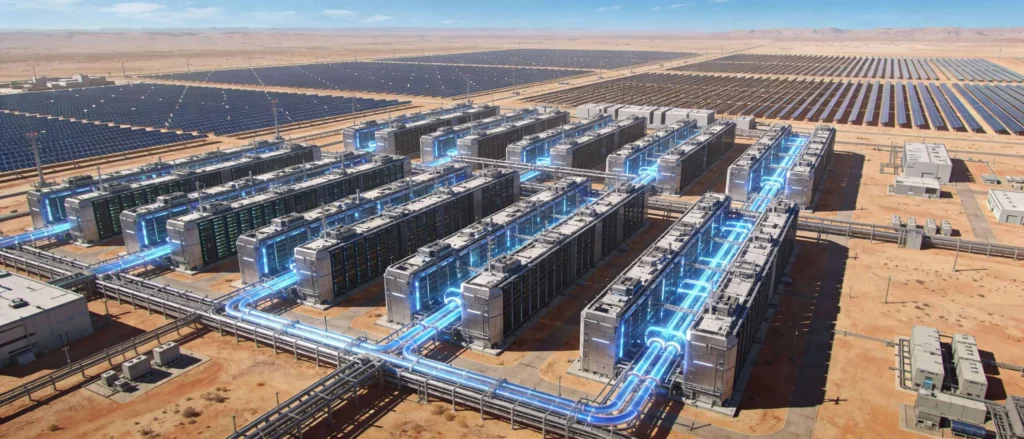 Stargate AI data centre in Texas, massive industrial complex, aerial photography, architectural scale