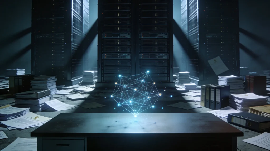 Kleine leuchtende Netzwerke werden von massiven, dunklen Server-Türmen und juristischen Dokumenten erdrückt.