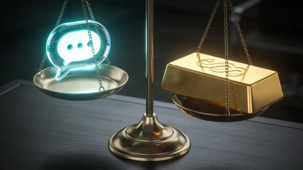  Eine leuchtende Waage, die eine digitale Chat-Blase gegen einen schweren, juristischen Goldbarren abwiegt.