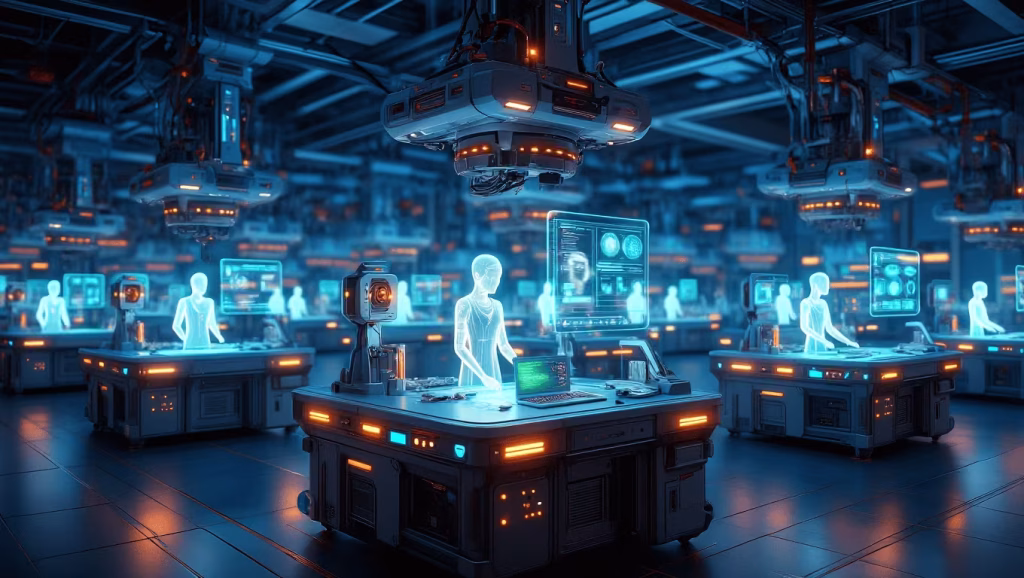 Autonome KI-Agenten und physische Robotik arbeiten in einer hochvernetzten, automatisierten Umgebung reibungslos zusammen.