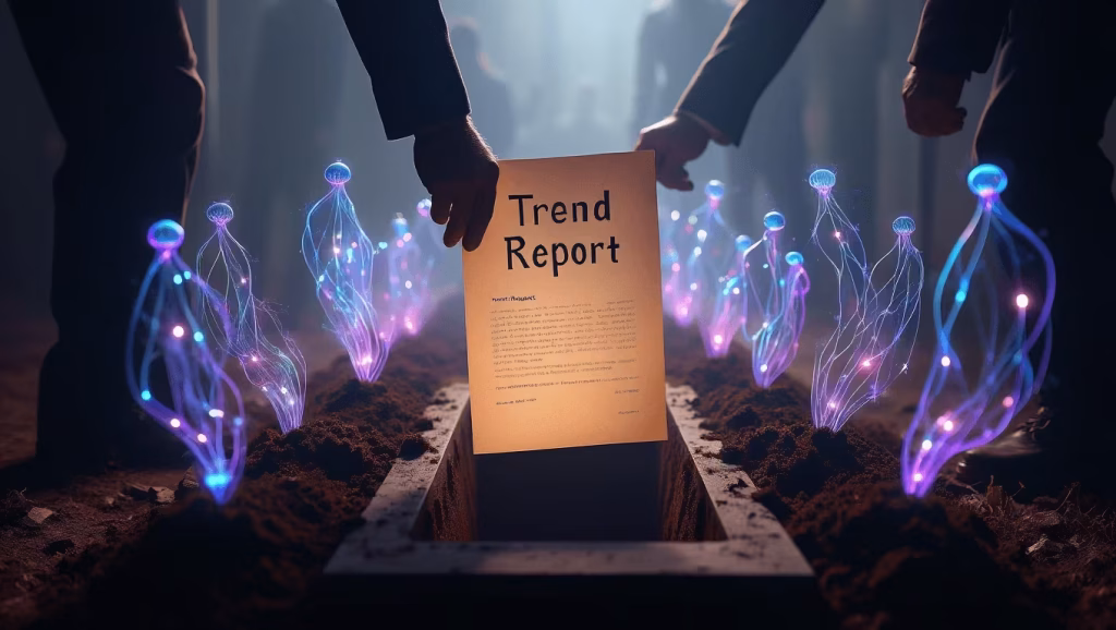 Beerdigung eines klassischen Trend-Reports, symbolisch für das Ende isolierter Technologie-Betrachtungen.