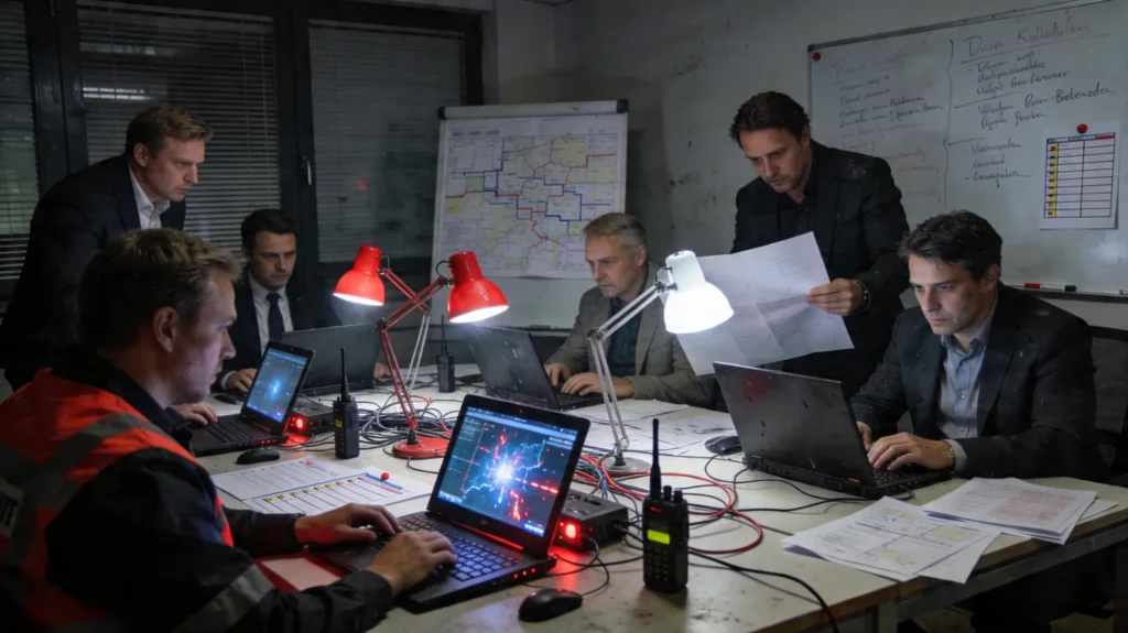 Krisenstab in mittelständischem Unternehmen plant Notfallmaßnahmen bei Stromausfall und Cyberangriff