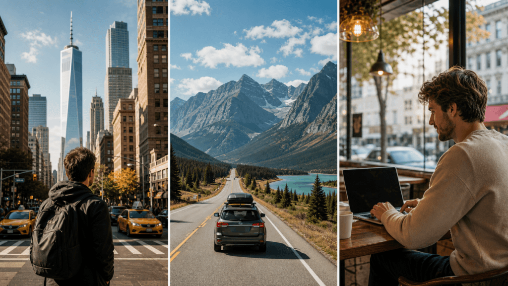 Bildcollage mit Städtetrip, Roadtrip und Workation oder Arbeitsurlaub als typische USA-Reiseszenarien
