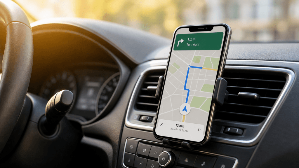 Navigation mit einer Karten-App im Auto während einer USA-Reise