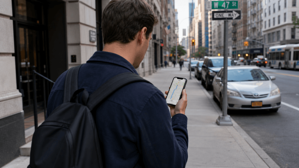Navigation mit einer Karten-App als Fussgaenger während einer USA-Reise