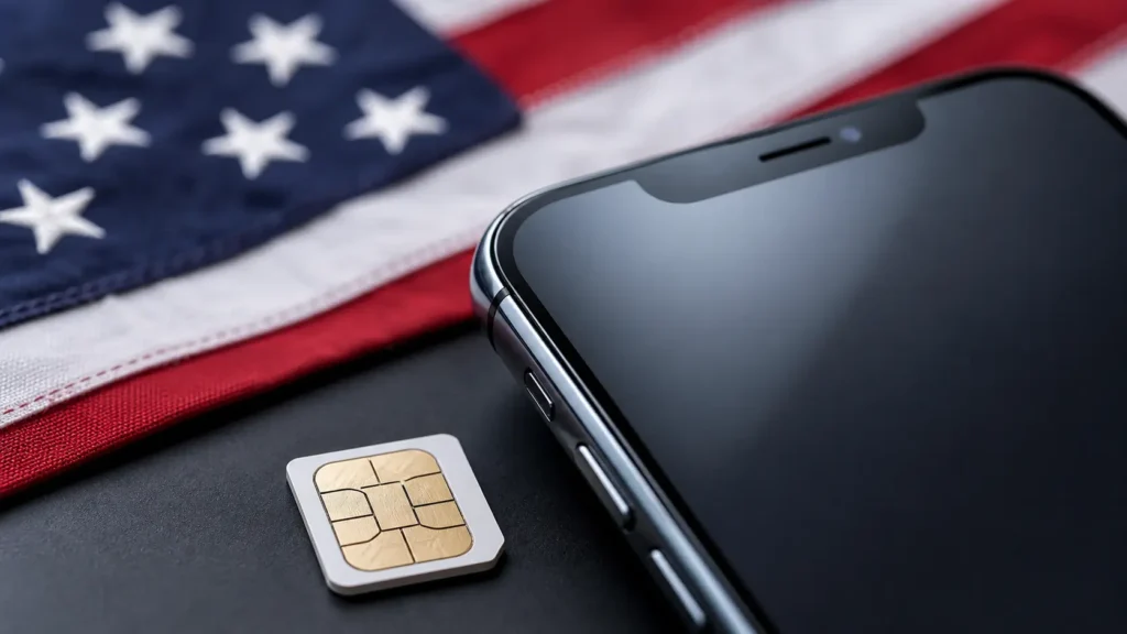 Smartphone mit US‑SIM-Karte und eSIM-QR‑Code als Symbol für lokale Datentarife in den USA