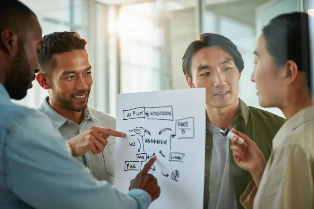 Team plant einen kleinen KI-Pilot am Whiteboard - Juncke EDV Beratung