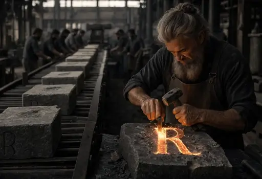 Eine Fabrik produziert graue Blöcke, während ein Handwerker im Vordergrund ein individuelles Werkstück aus Stein fertigt.