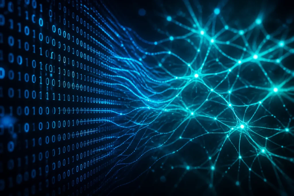 Binärcode wandelt sich fließend in leuchtende neuronale Netzwerke um.