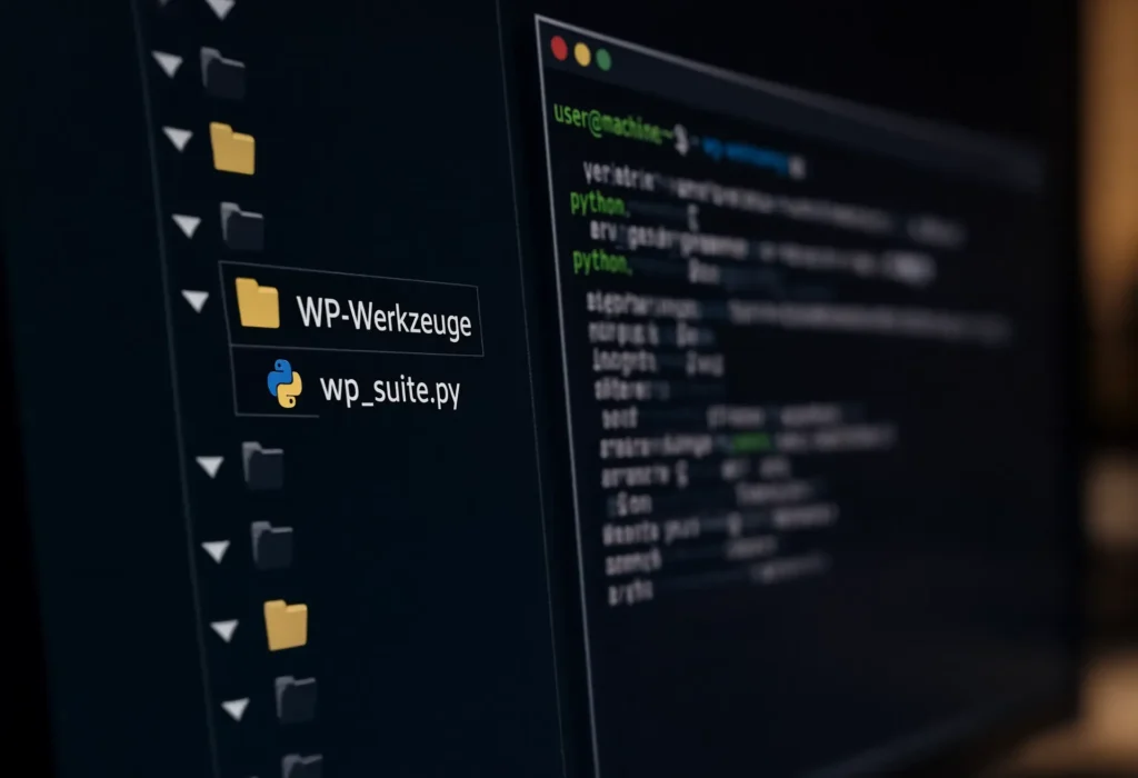 Ordner WP‑Werkzeuge mit Datei wp_suite.py und Terminal zur WP Media Suite Einrichtung