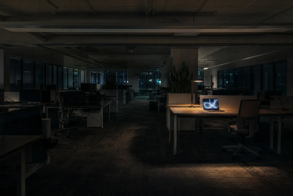 Verwaister Büroraum mit einem einzelnen beleuchteten Arbeitsplatz bei Nacht.