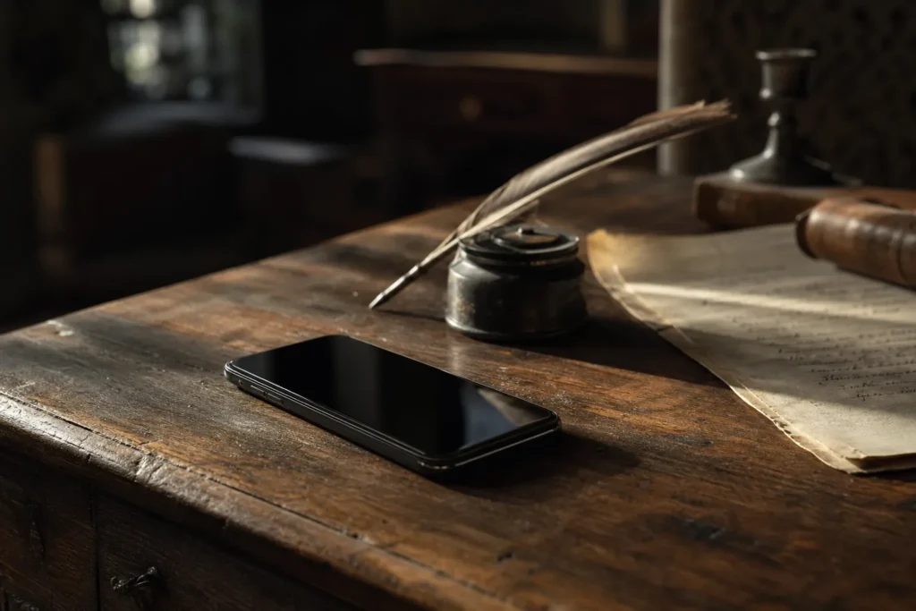 Modernes Smartphone auf antikem Holztisch neben Schreibfeder und historischem Dokument.