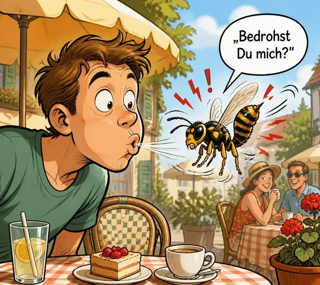 Wespen niemals anpusten, da sich diese dadurch bedroht fühlen.