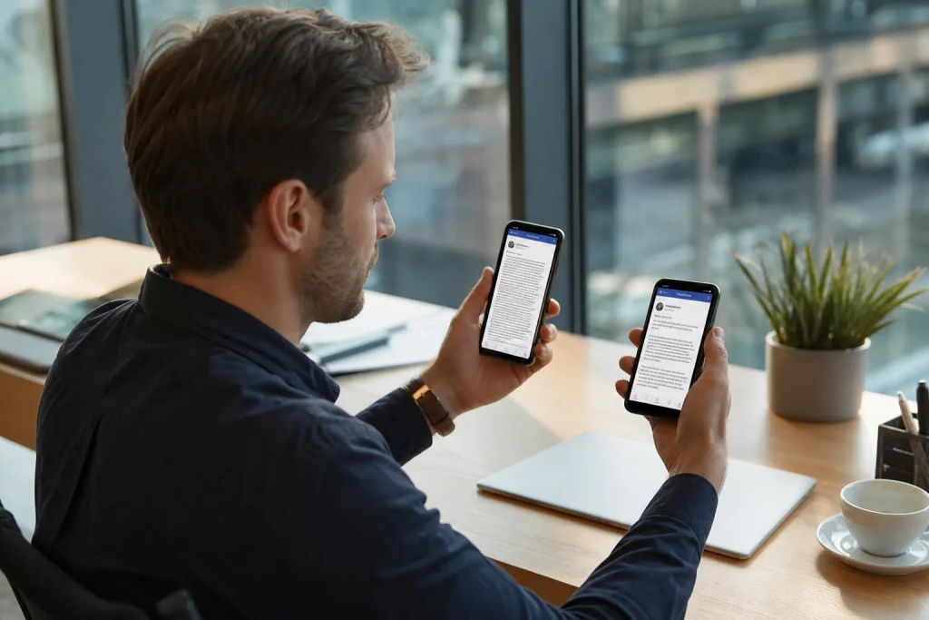 Führungskraft vergleicht zwei Social-Media-Post-Layouts auf Smartphone-Bildschirmen
