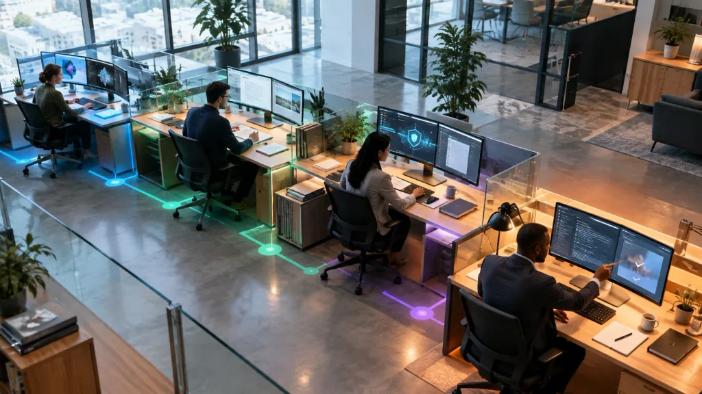Vier Arbeitsstationen zeigen den kontrollierten Weg vom KI-Entwurf bis zur Freigabe.